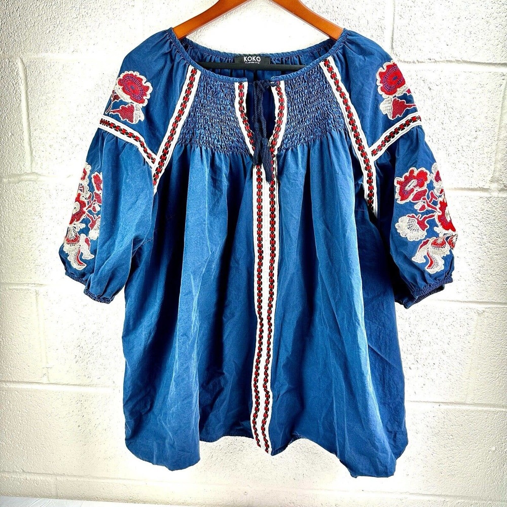 Koko By LovedRobe Navy Embroidered Tie Front Tassel Blouse Floral Plus Sz 24